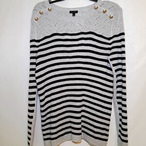 Talbots Black and Gray Striped Sweater with Gold Buttons Women's L